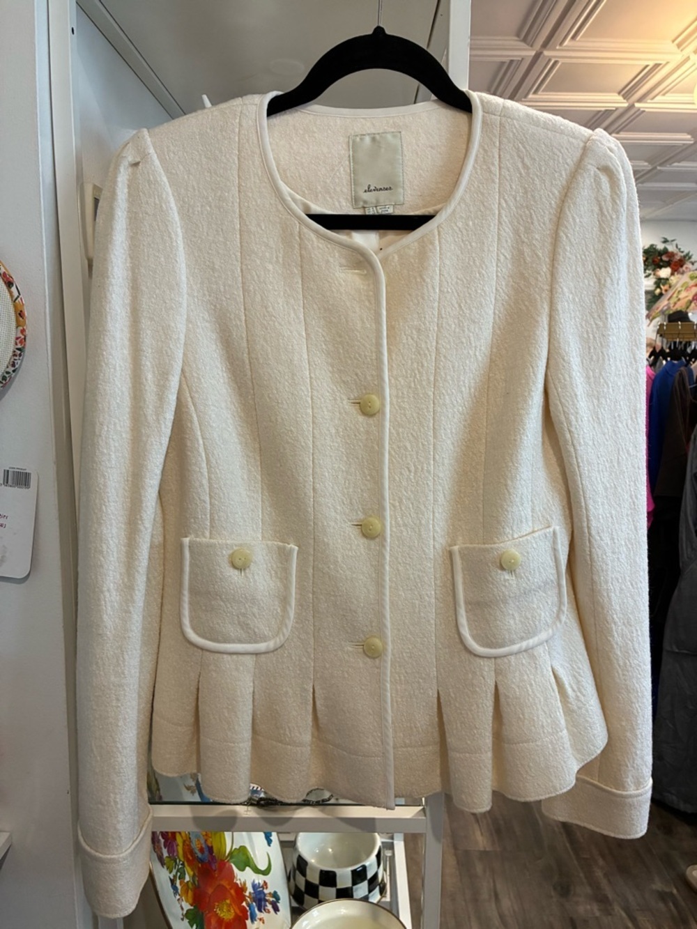 Elevenses Anthropologie Women's Cream Textured Peplum blazer size 8